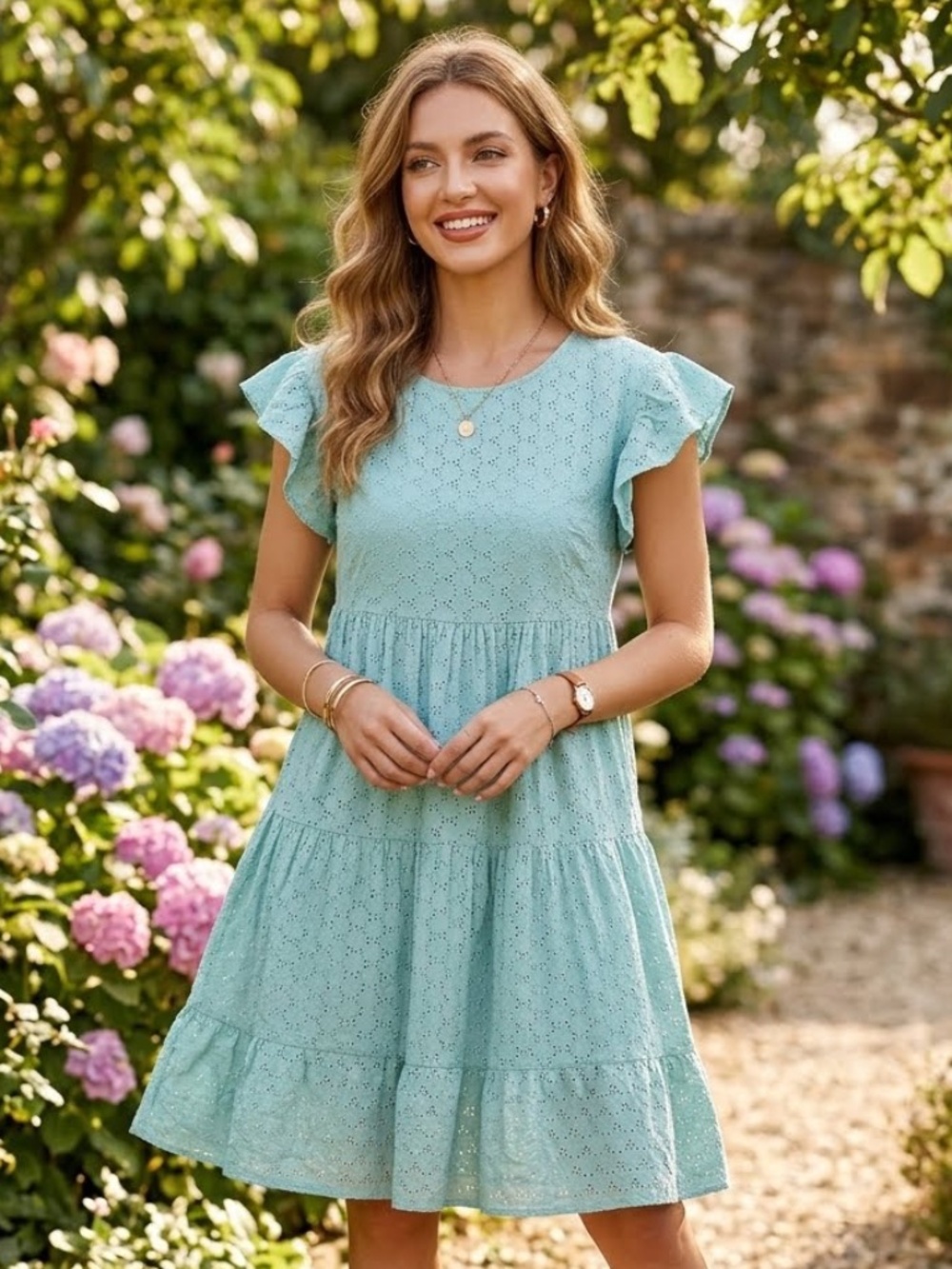 EUC Diversity Women’s Seafoam Green/Blue Cotton Eyelet Tiered A-Line Dress Large